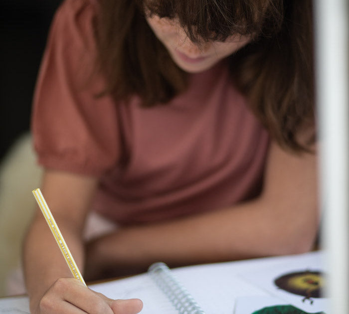 Young girl writing in her book while sat in a window.