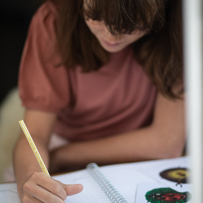 Young girl writing in her book while sat in a window.