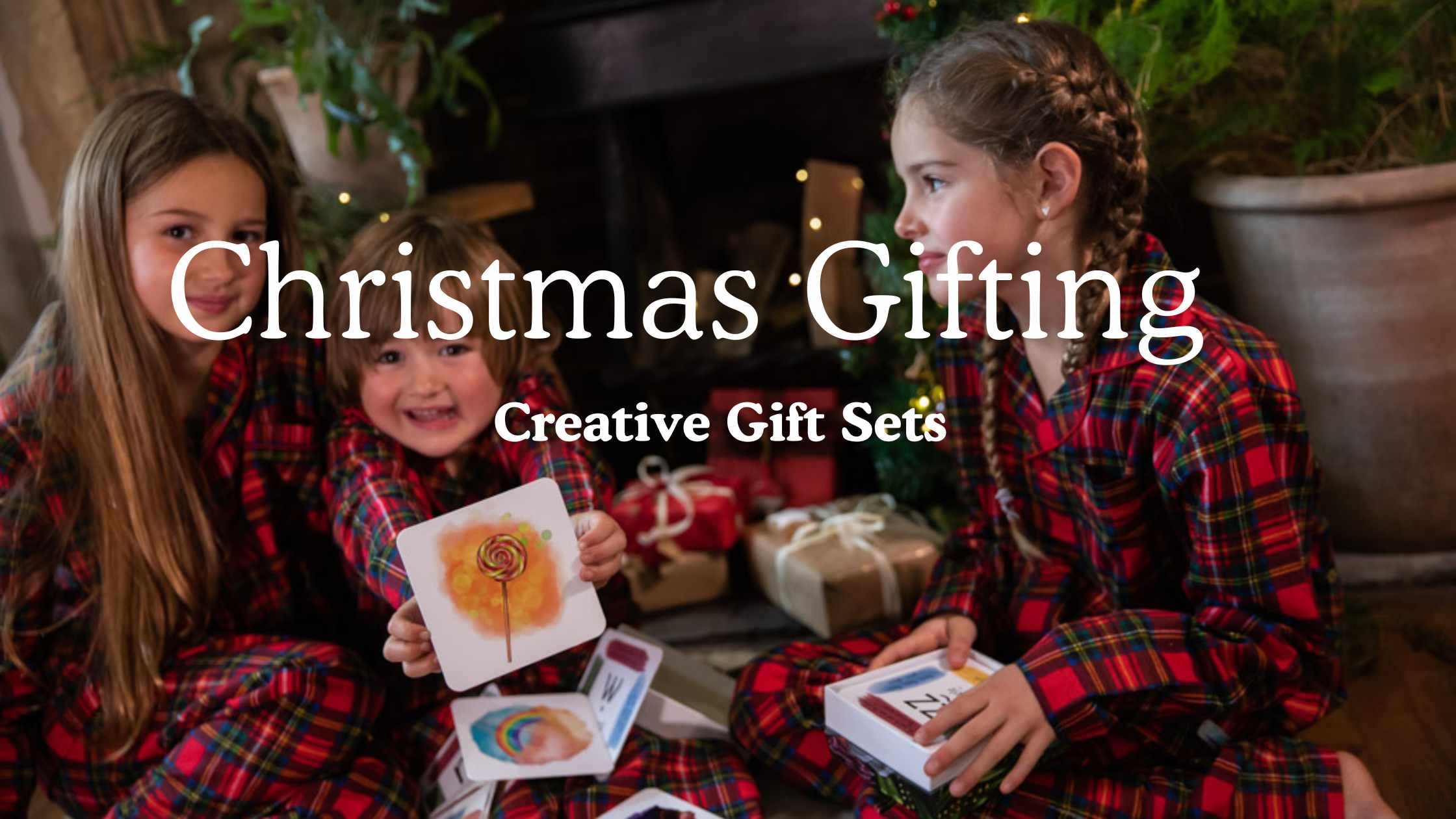 A family of children at chistmas opening their presents.