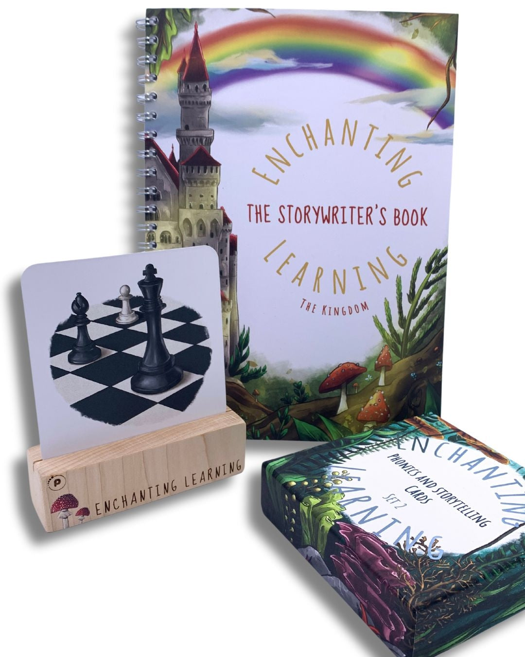 An enchanting kingdom story writing book with phonics cards showing a card with a chess illustration.