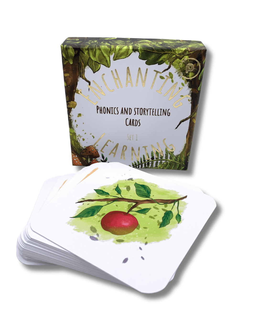 Phonics and storytelling cards showing the apple card illustration.