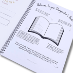 Open story writing book showing the instructions page.