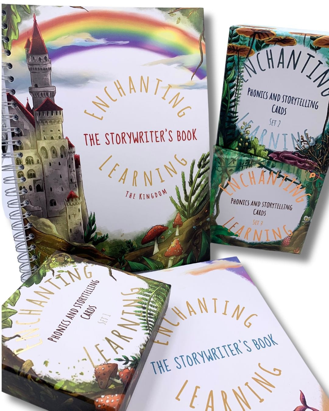 A kingdom themed writing book with three sets of learning cards for phonics and storytelling.
