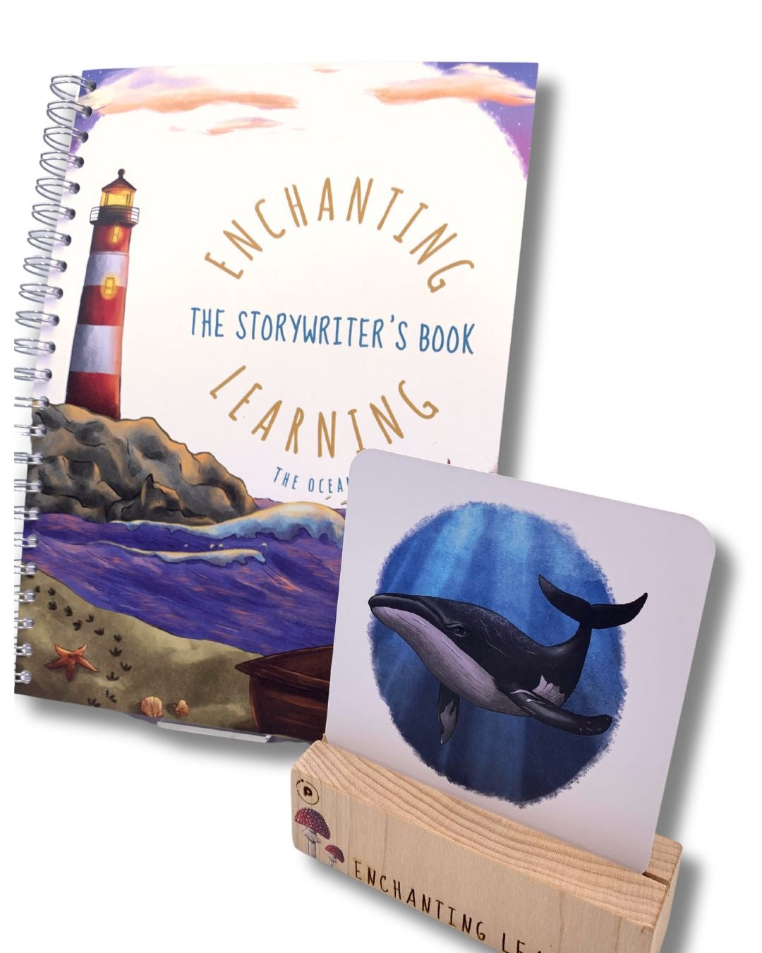 An ocean themed story writing book for kids with a phonics card showing a whale.