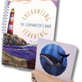 An ocean themed story writing book for kids with a phonics card showing a whale.