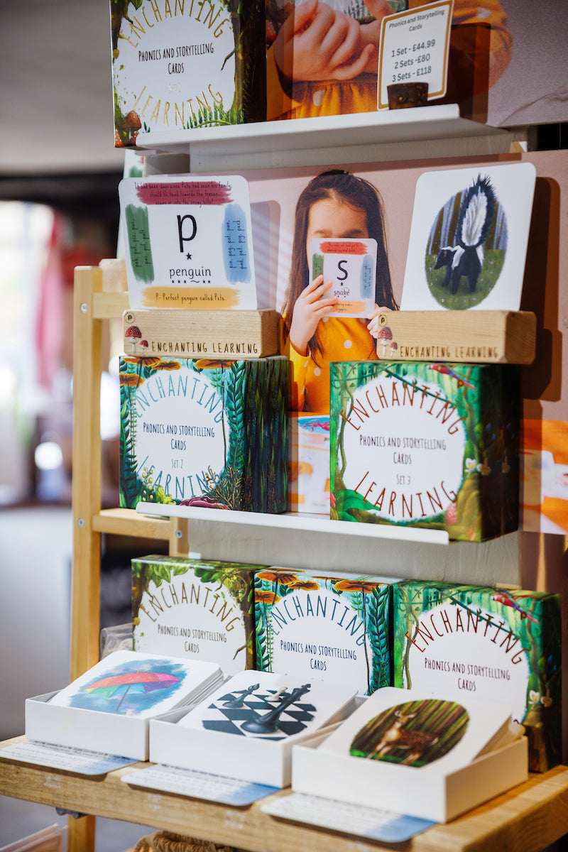 Enchanting Learning Cards on a shop shelf showing illustrations of animals.