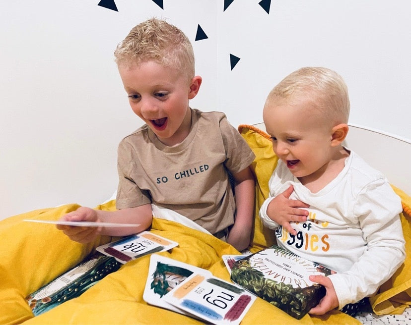 Two brothers sharing phonics and storytelling cards together at bedtime with happy and surprised faces.