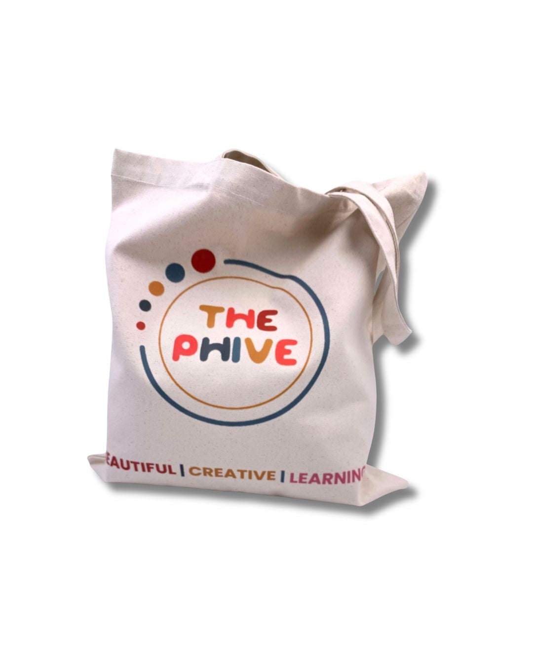 Organic cotton cream coloured tote bag showing The Phive logo.