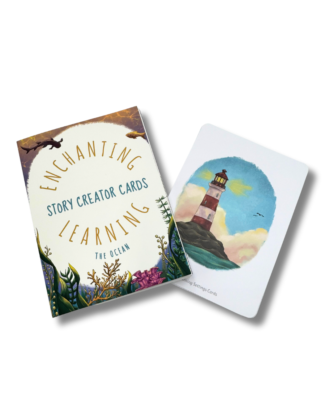 Set of learning cards for writing showing lighthouse card.
