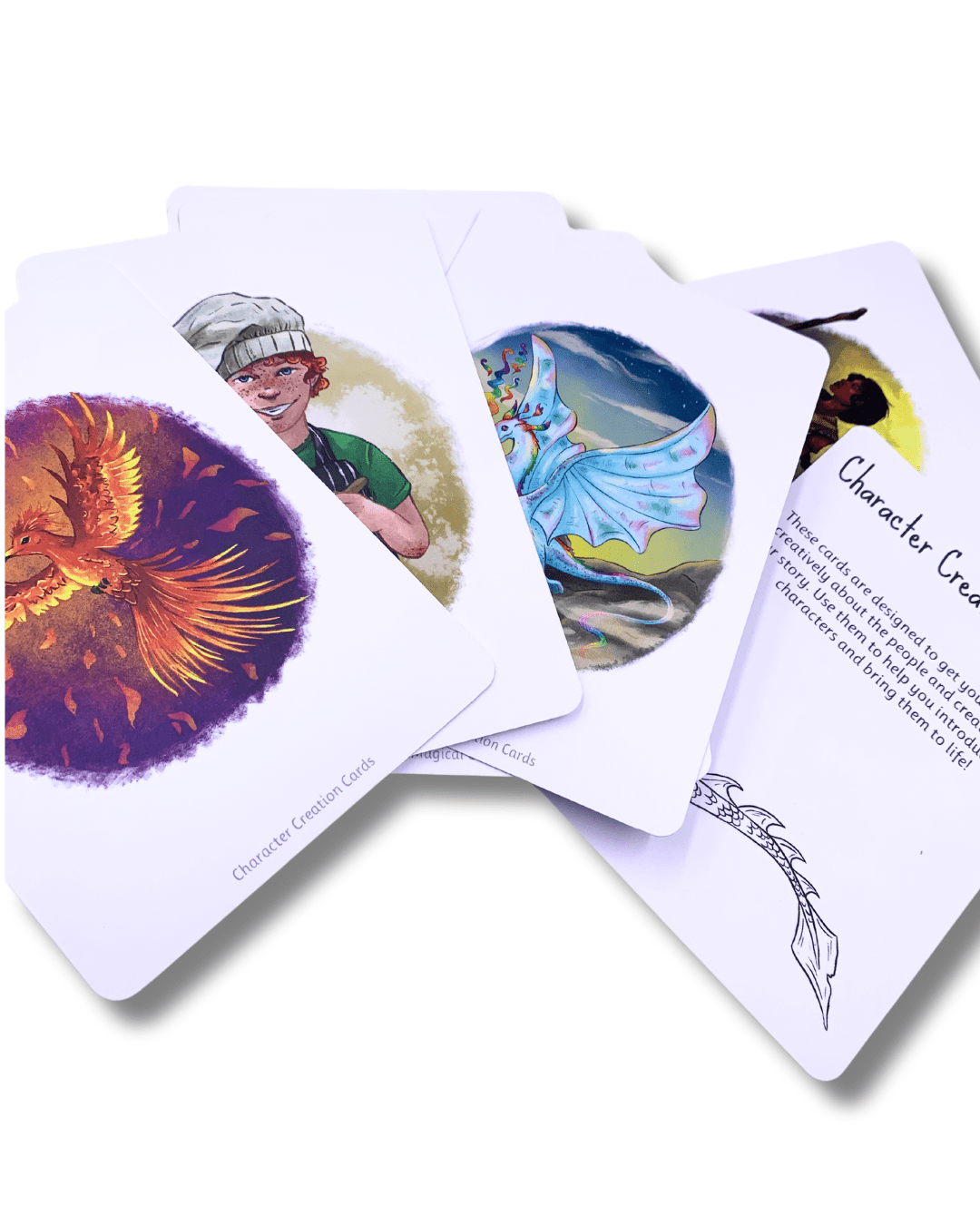 Story writing cards fanned out showing phoenix, baker and dragon cards.