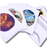 Story writing cards fanned out showing phoenix, baker and dragon cards.