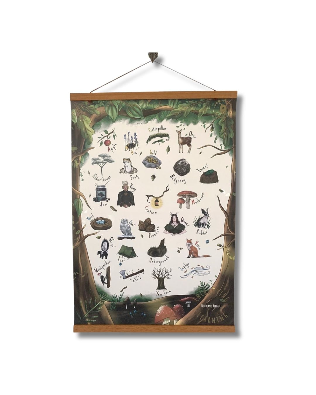 Woodland themed alphabet poster displayed in a poster hanger.