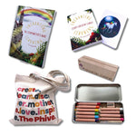 A book, cards, stand, bag and watercolour pencils kit.