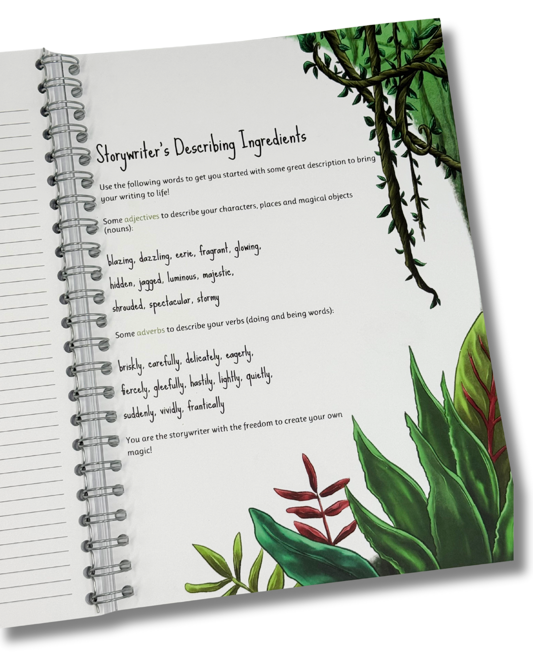 back pages showing vocabulary choices for jungle themed stories.