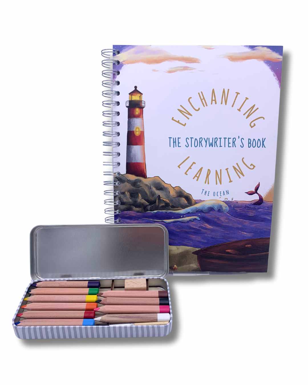 An ocean themed story writing book with watercolour pencil tin.