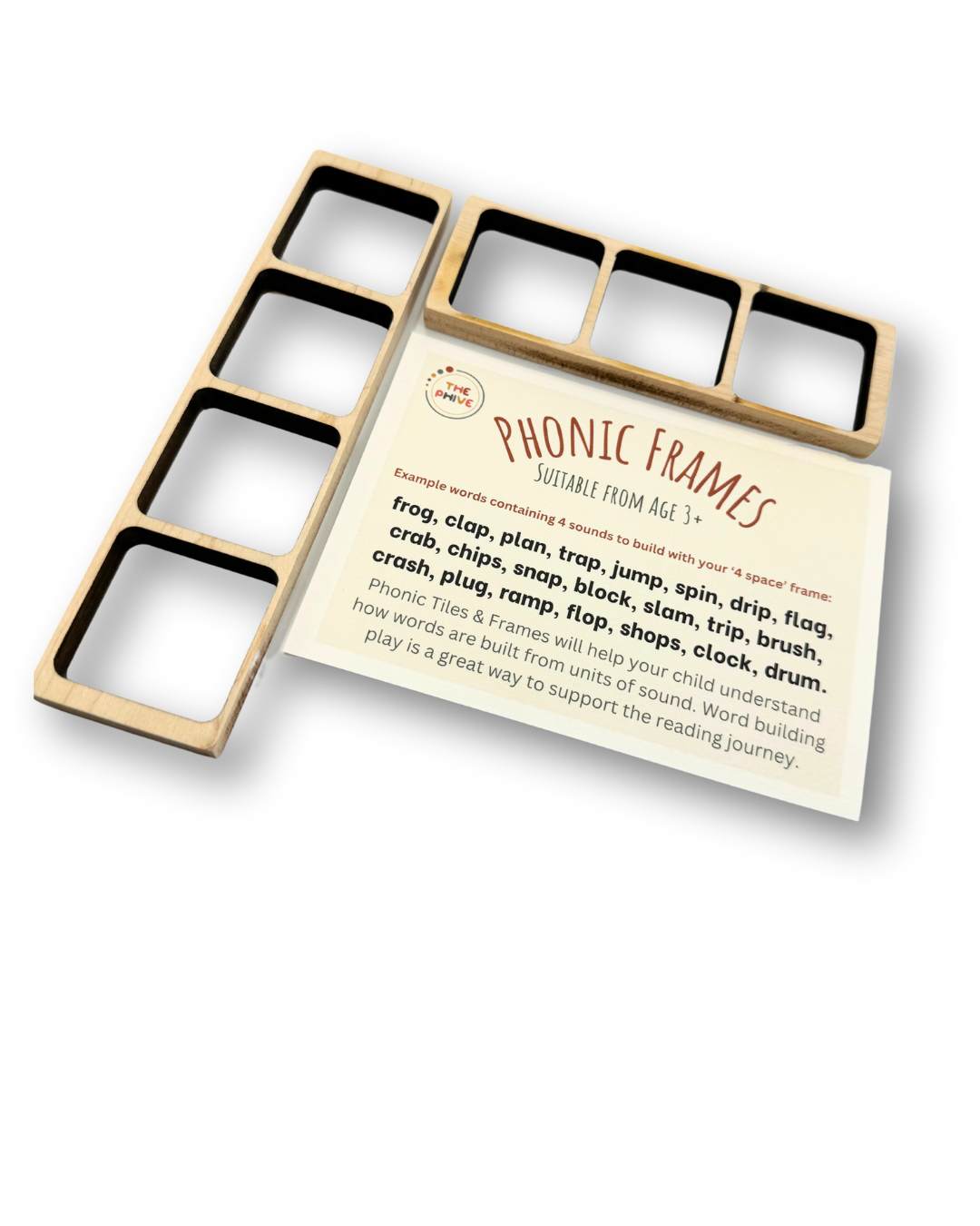 Phonics maple wood frames and word card.