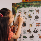 young girl pointing to an apple on a woodland poster.