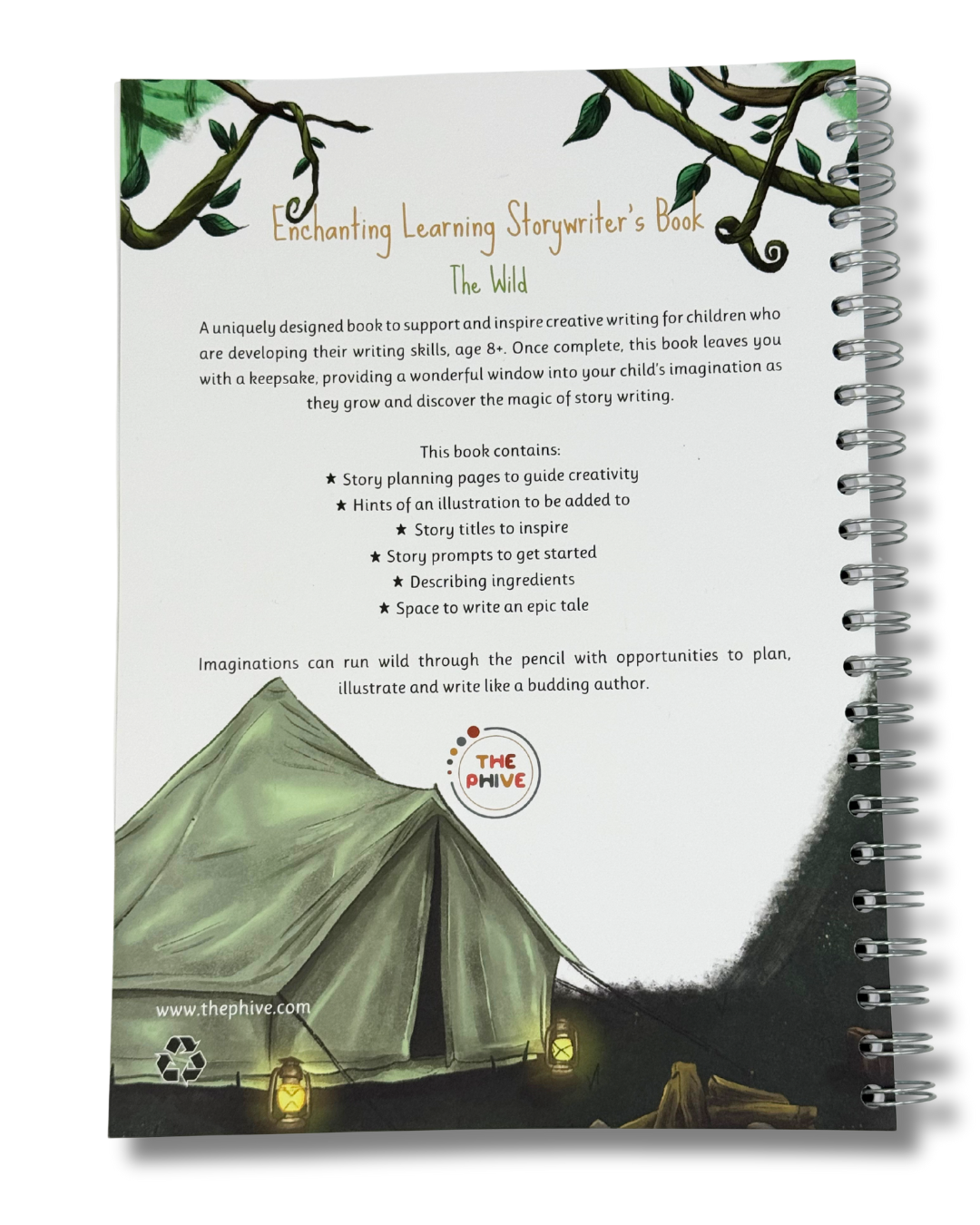 the back sleeve of a writing book showing a tent.