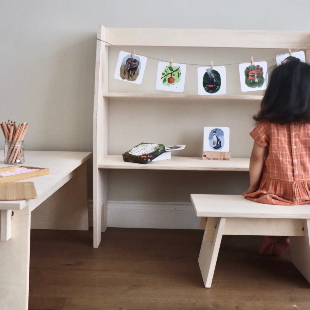 Child sitting at a desk in a room with educational posters on a shelf.