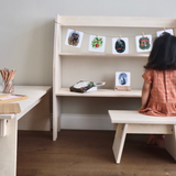Child sitting at a desk in a room with educational posters on a shelf.