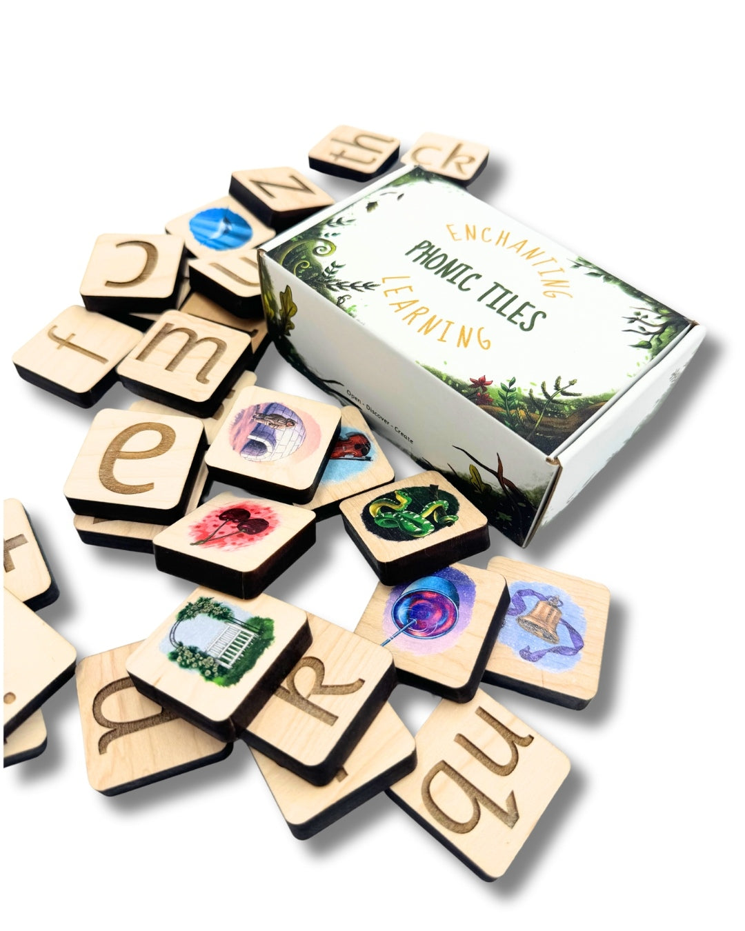 A pile of wooden phonics tiles.