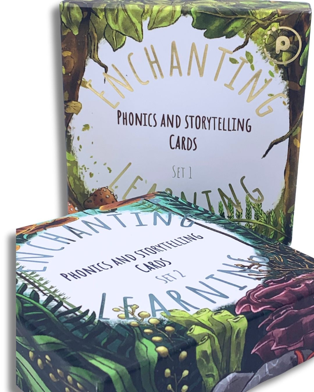 Two sets of phonics and storytelling cards lying together.