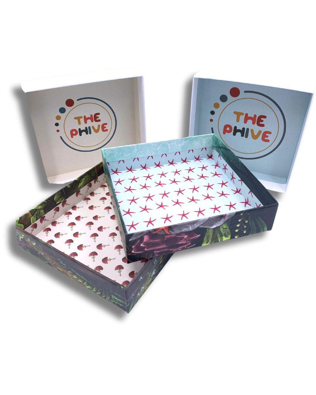 Packaging inside designs showing starfish and mushroom patterns.