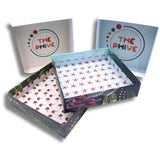 Packaging inside designs showing starfish and mushroom patterns.