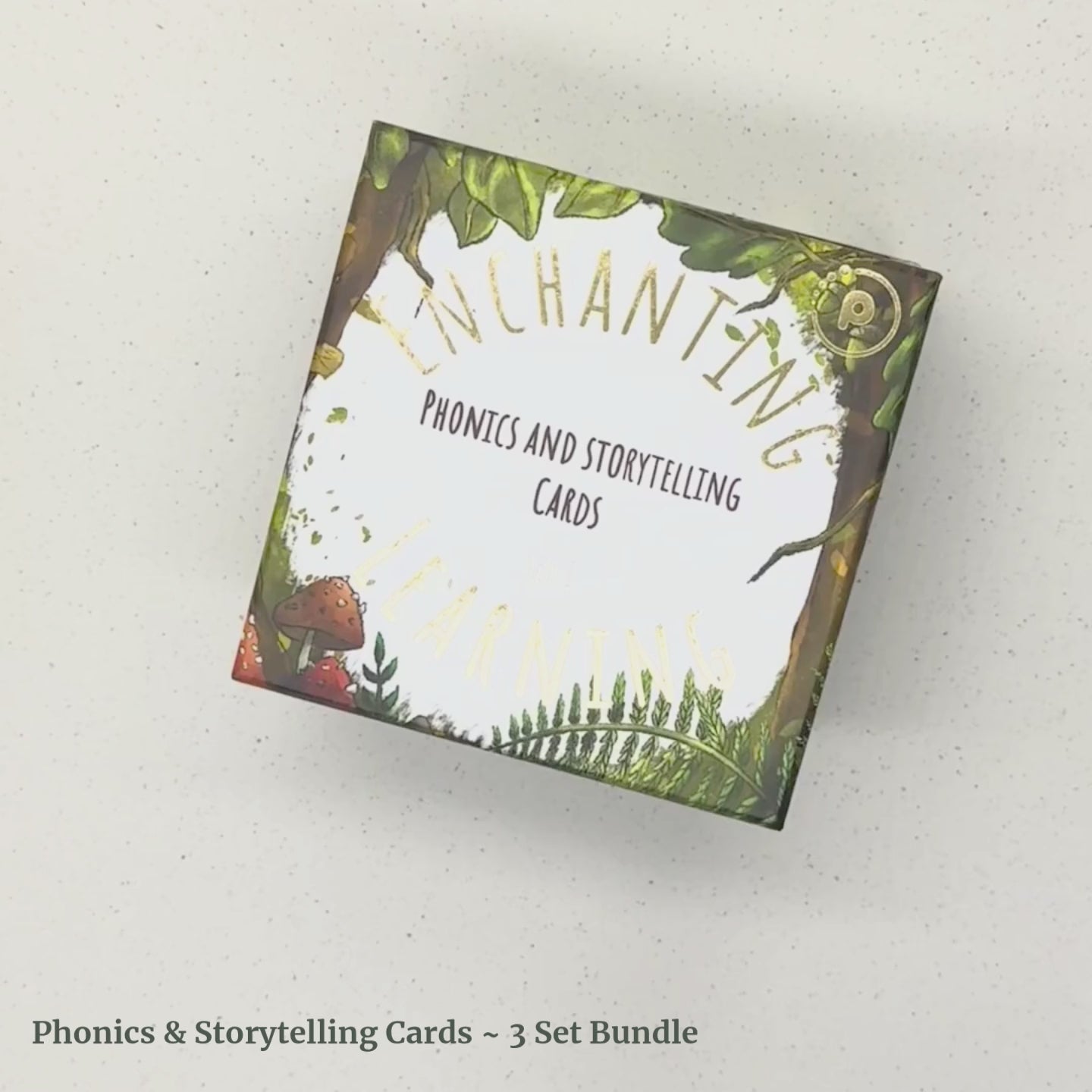 three sets of phonic cards, in decorated boxes with woodland, ocean and jungle themed print.