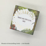 three sets of phonic cards, in decorated boxes with woodland, ocean and jungle themed print.