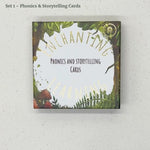 a woodland themed box of phonics and storytelling cards with 30 cards inside showing illustrations and instructions.