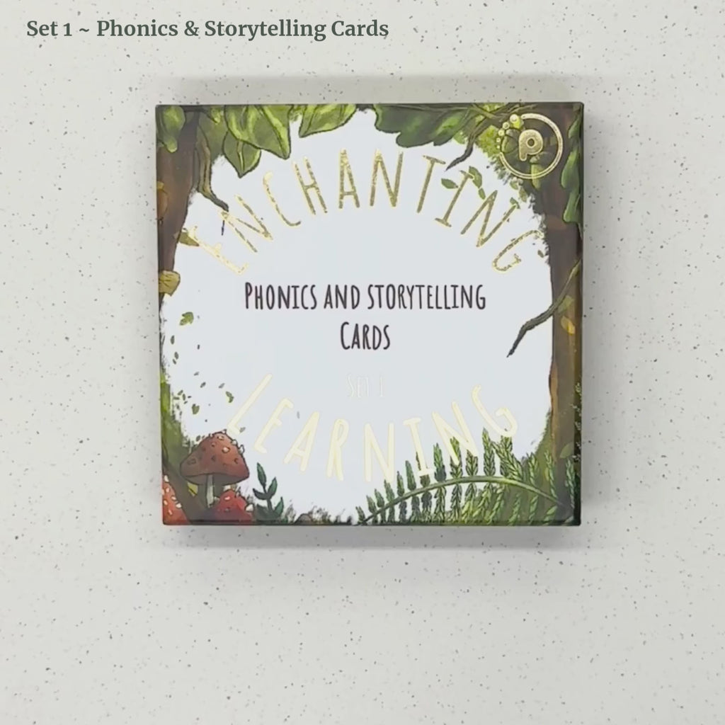 a woodland themed box of phonics and storytelling cards with 30 cards inside showing illustrations and instructions.