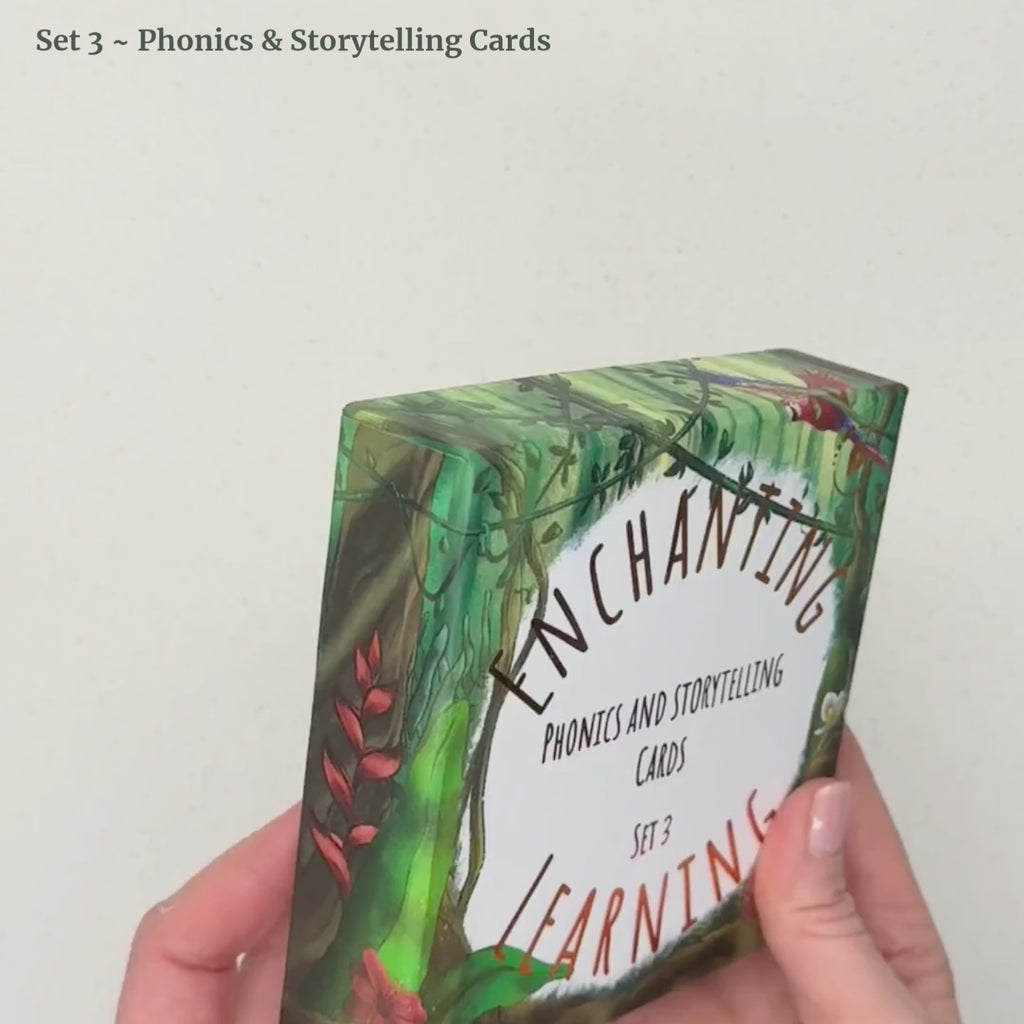 a jungle themed box of phonics and storytelling cards for children learming to read.