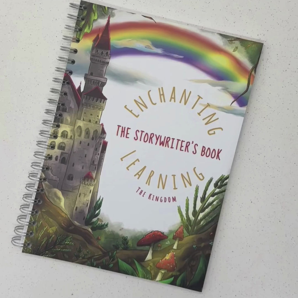 magical kingdom themed kids writing book with a castle on the cover with writing, drawing and planning space inside.