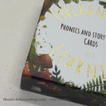 Highly decorated boxes of phonics and stroytelling cards with illustrations and phonics teaching tips shown on each card.
