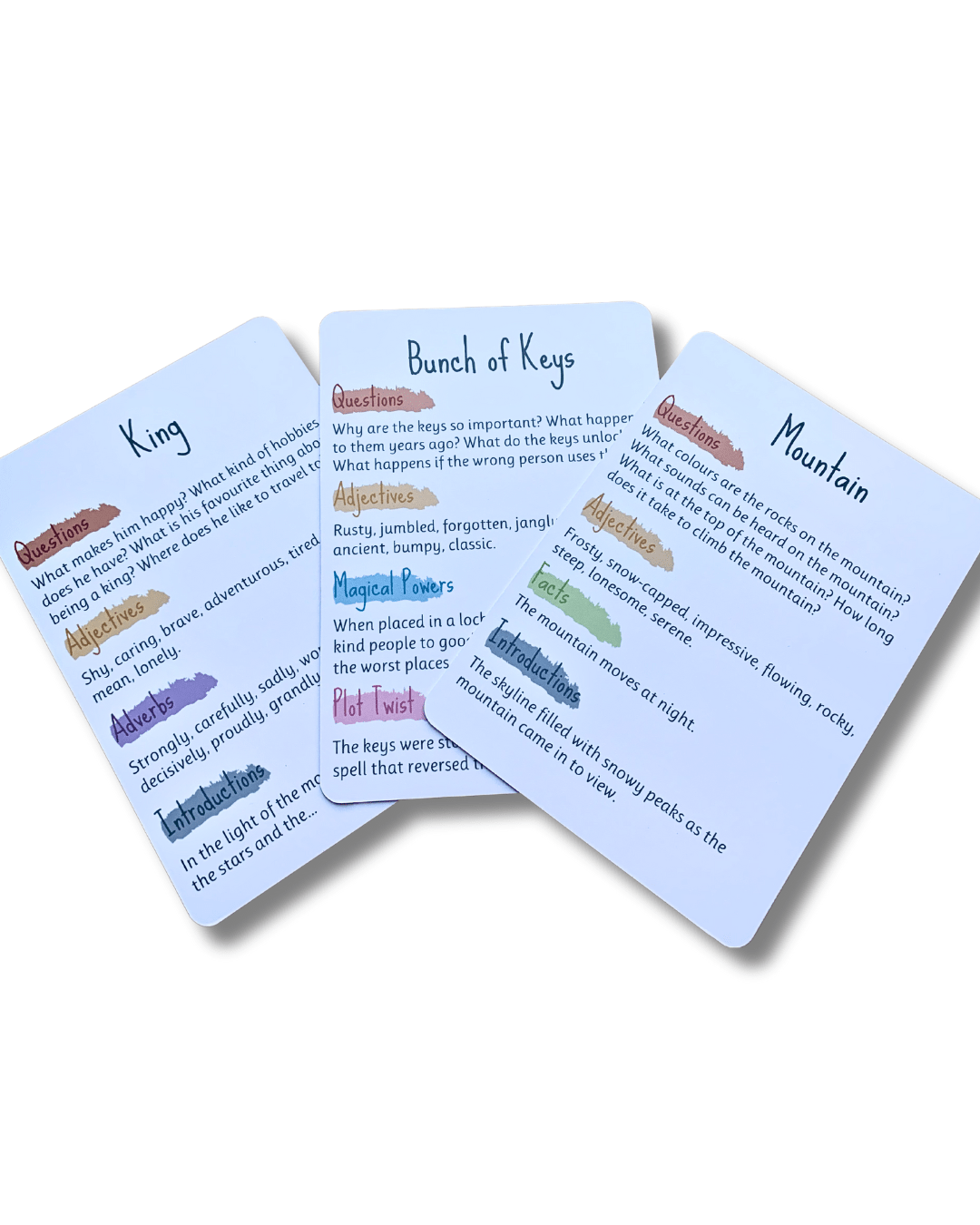 Three story writing cards showing writing prompts and ideas.