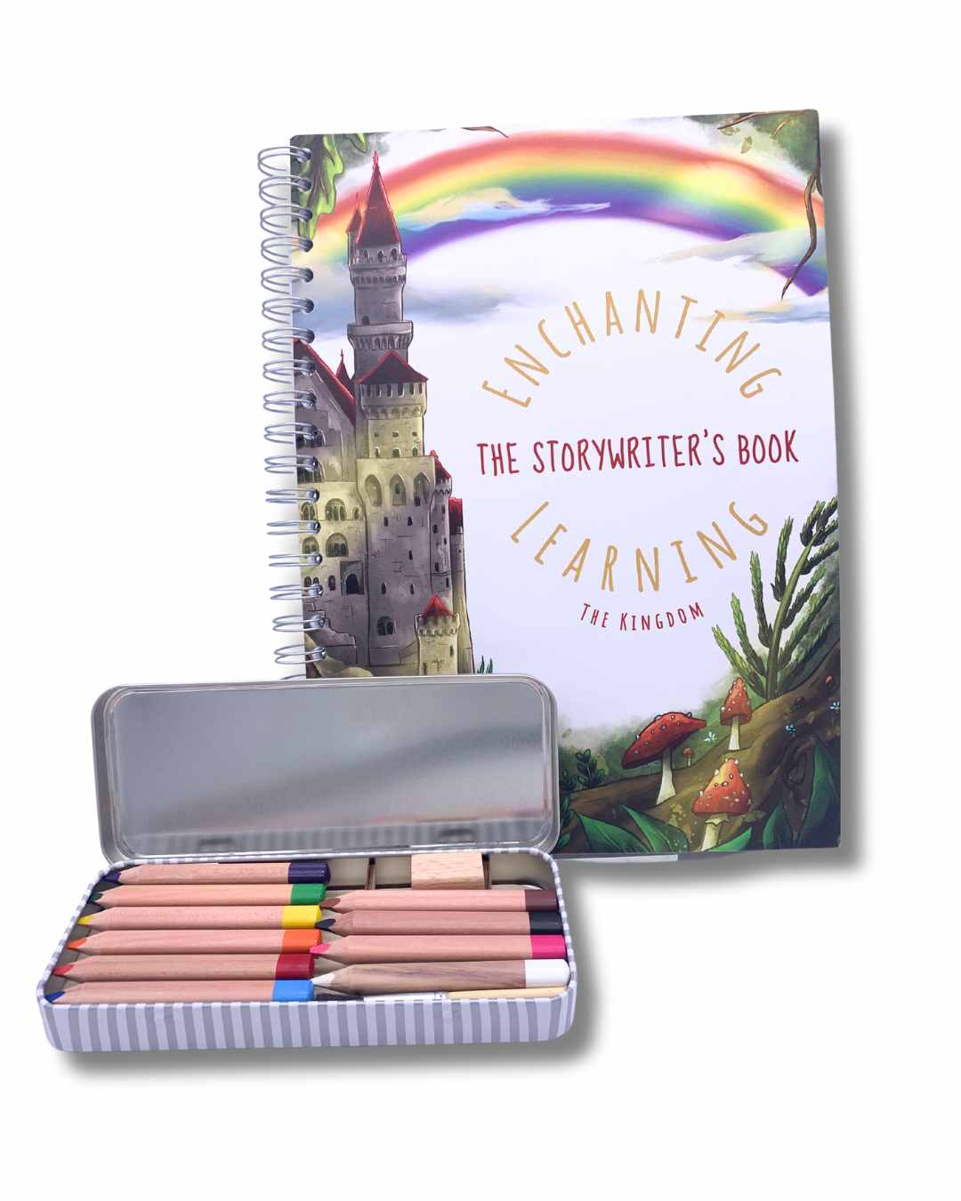 Tin of watercolour pencils with a kingdom themed story writing book.