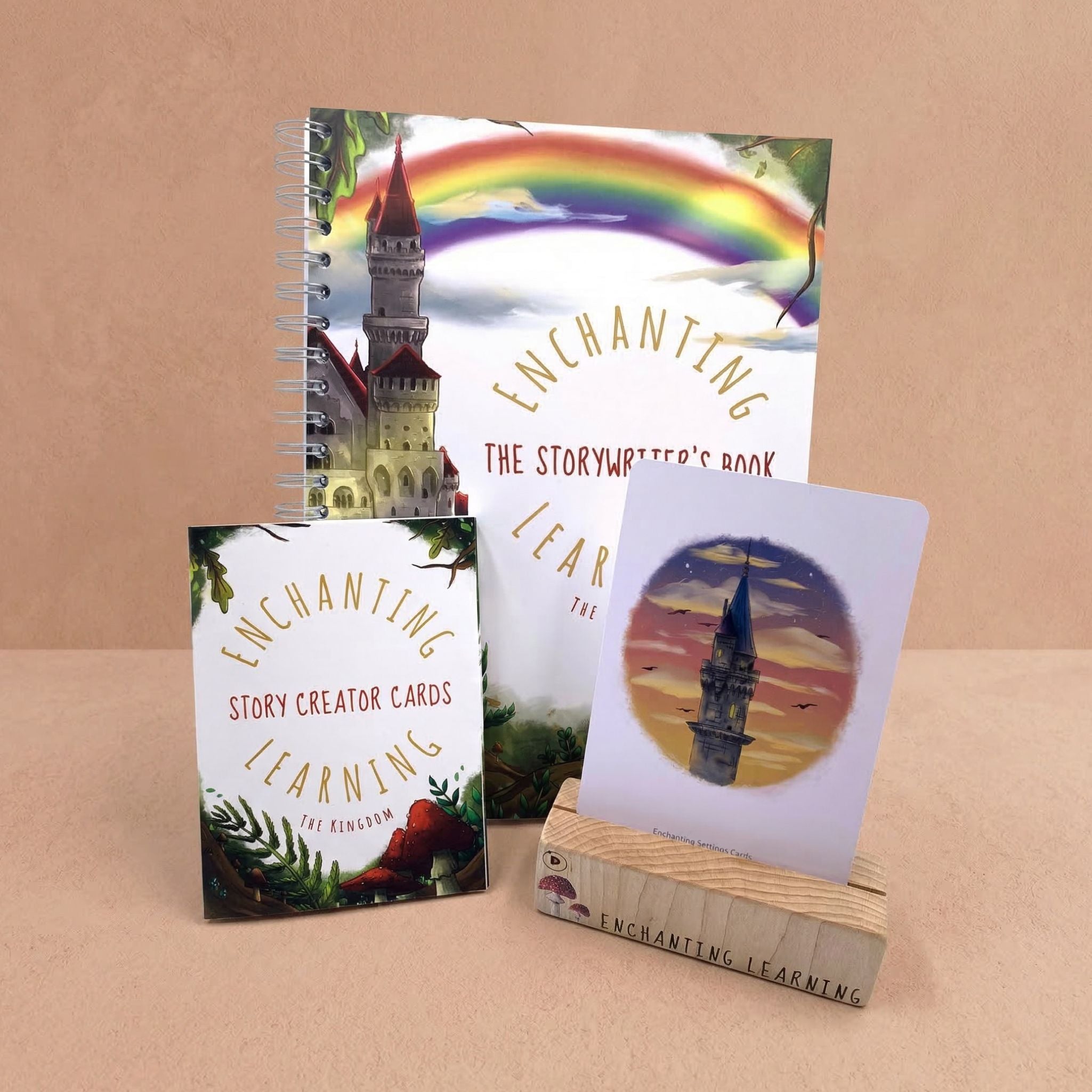 Educational materials including a book, cards, and a card holder showing a castle card on a beige background