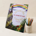 storywriting book with a castle and rainbow illustration on a beige background