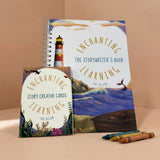 A book titled ' 'The Storywriter's Book' on a beige background with crayons. and a pack of ocean themed writing cards.