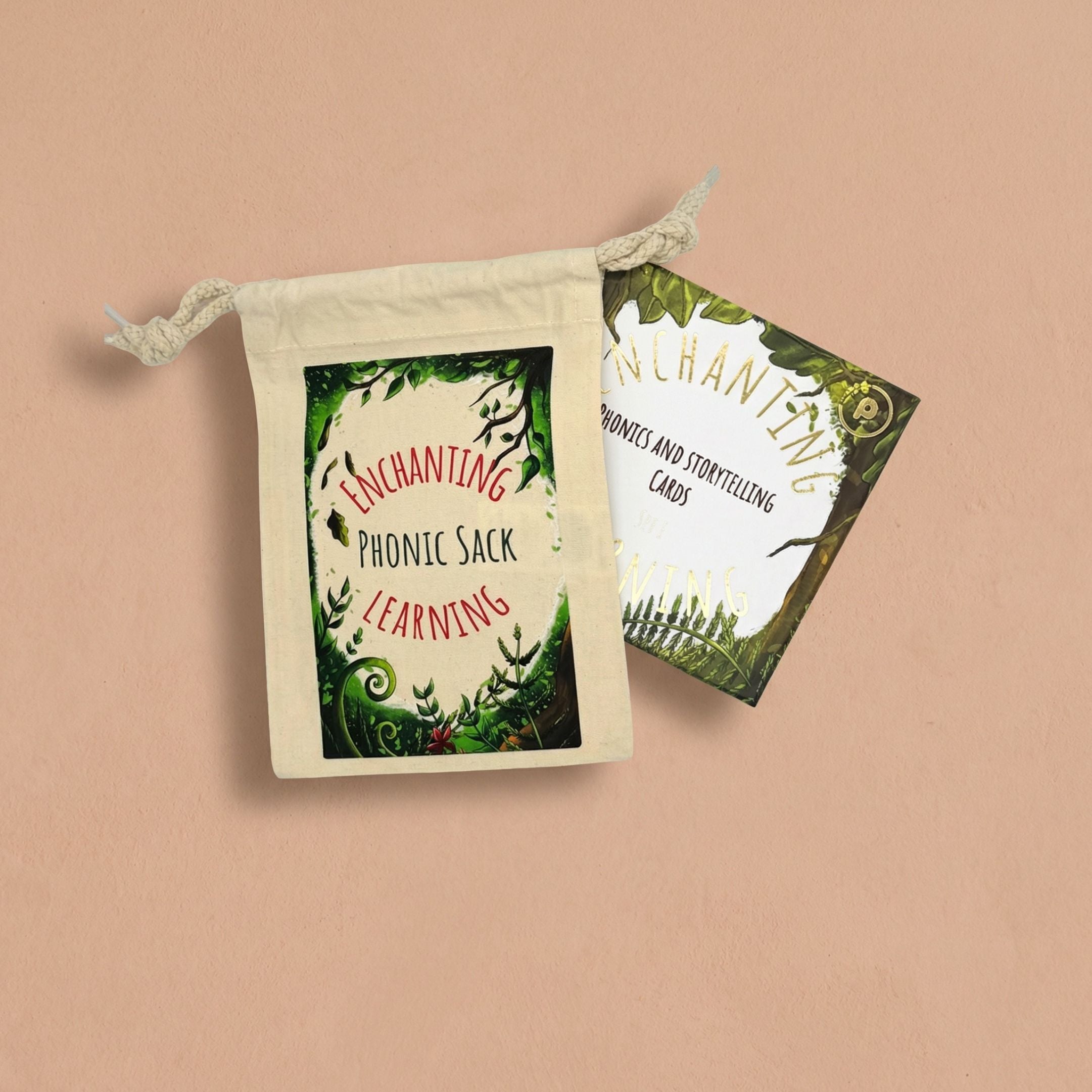 Enchanting Phonics Sack with cards on a beige background