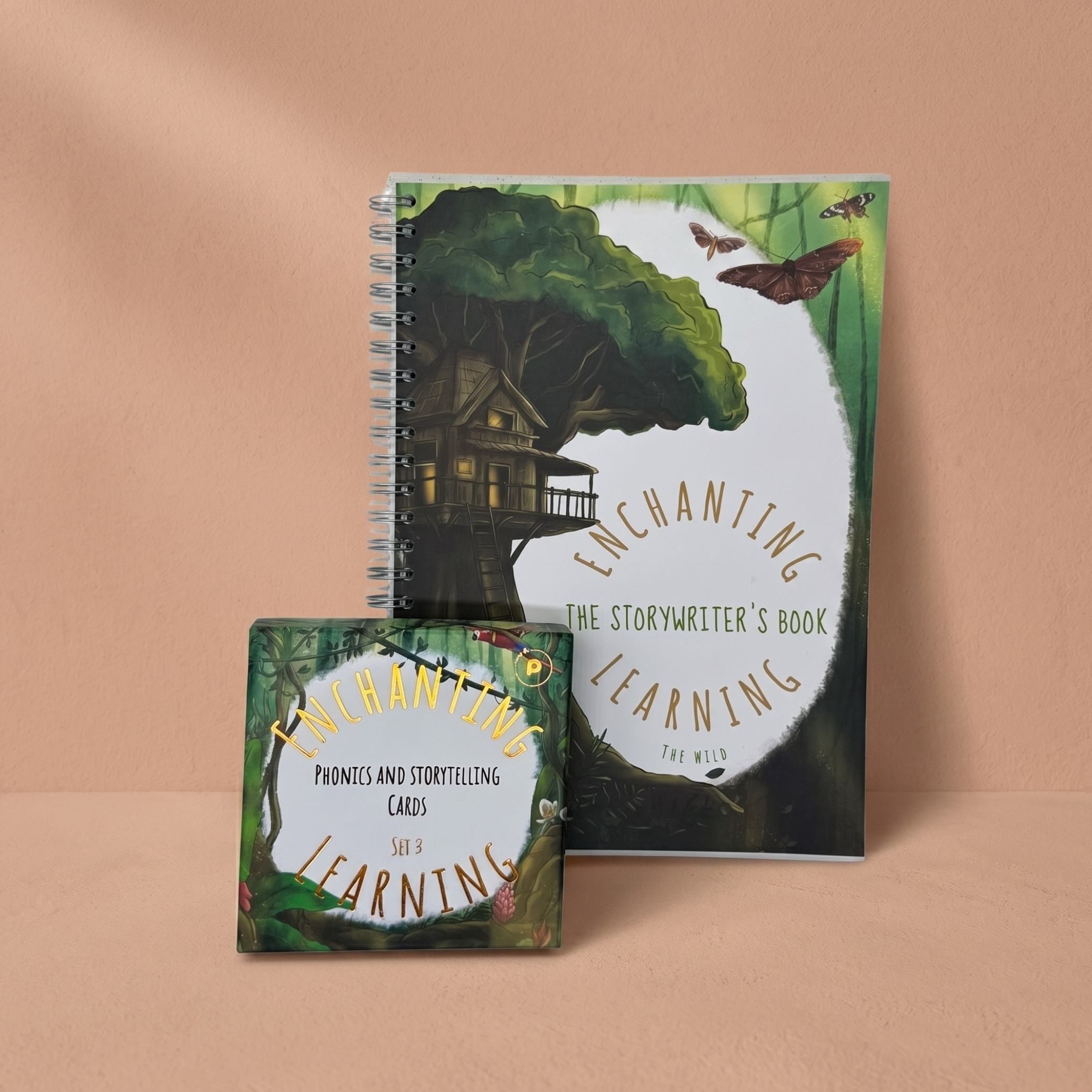 Set of educational materials including a jungle themed book, and cards on a beige background