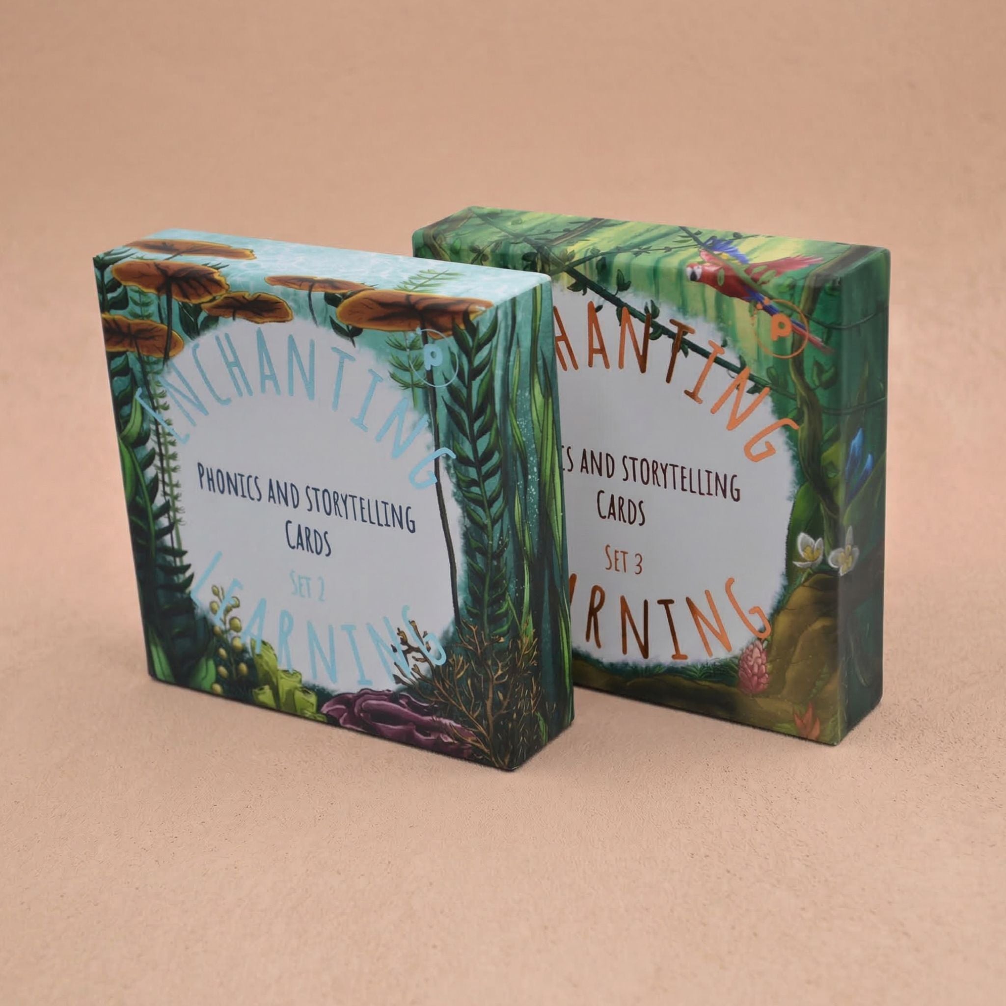 Two boxes of Phonics and Storytelling Cards' with a jungle theme on a beige background.