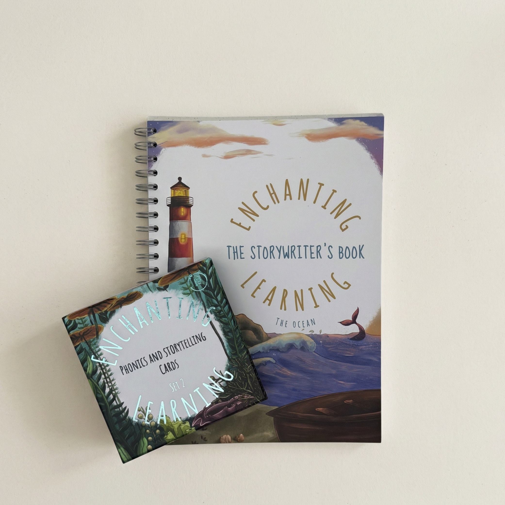 An ocean themed writing book with a set of ocean themed cards for phonics and storytelling.