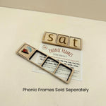 Wooden frames laying on an instruction card spelling the word sat on a light background.