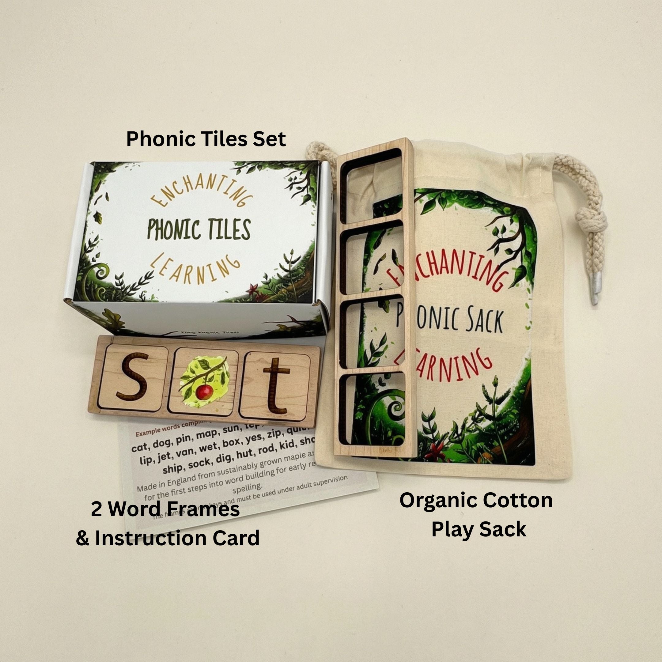 Phonic tiles in a white box with wooden phonic frames and a play sack with words saying what each item is.