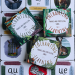 three sets of leaning cards with boxes on top.