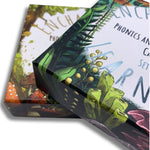 Close up of ocean and woodland themed packaging designs for phonics and storytelling cards.