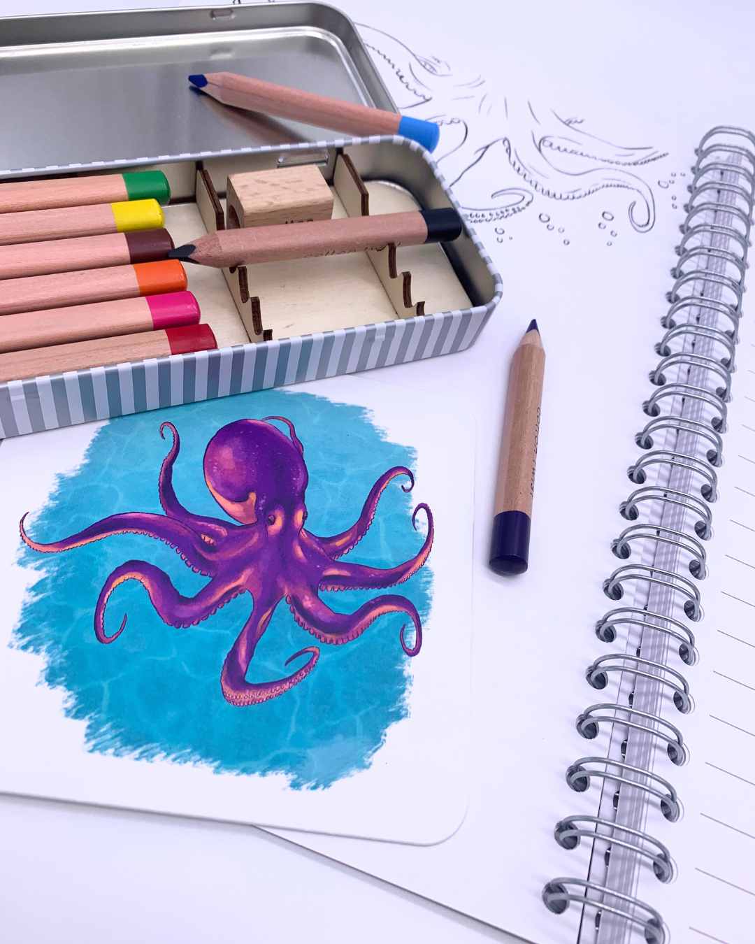 Watercolour pencils and octopus card with open Storywriter's book.