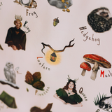 a poster showing mushrooms and a lantern and other forest items.